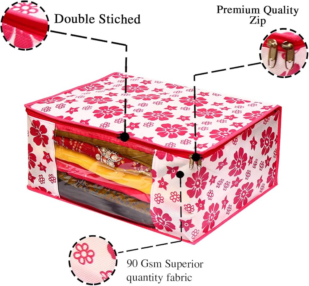 Polka Pink Flower Design Pack Of 6 Non Woven Fabric Saree Cover/ Clothes Small Travel Bag