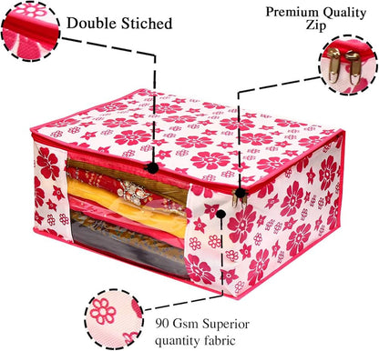 Polka Pink Flower Design Pack Of 6 Non Woven Fabric Saree Cover/ Clothes Small Travel Bag