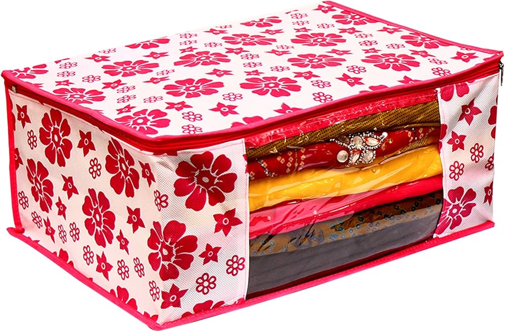 Polka Pink Flower Design Pack Of 6 Non Woven Fabric Saree Cover/ Clothes Small Travel Bag
