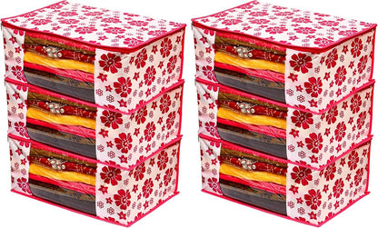 Polka Pink Flower Design Pack Of 6 Non Woven Fabric Saree Cover/ Clothes Small Travel Bag