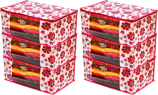 Polka Pink Flower Design Pack Of 6 Non Woven Fabric Saree Cover/ Clothes Small Travel Bag